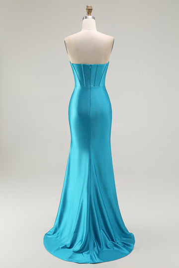 Vestido de fiesta azul con corsé sin tirantes de sirena con abertura de volantes